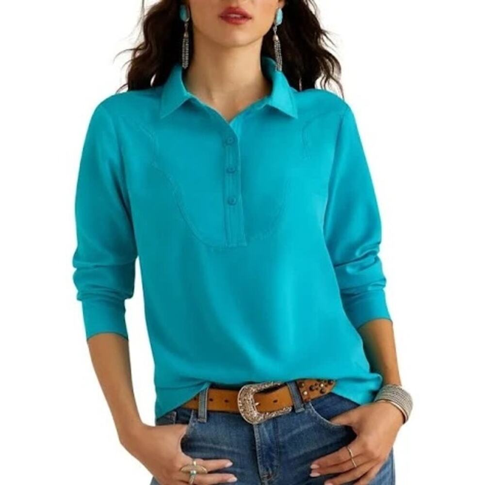 Ariat Womans Buckaroo Yoke Long Sleeve Turquoise Blouse Size Small Rodeo Cowgirl